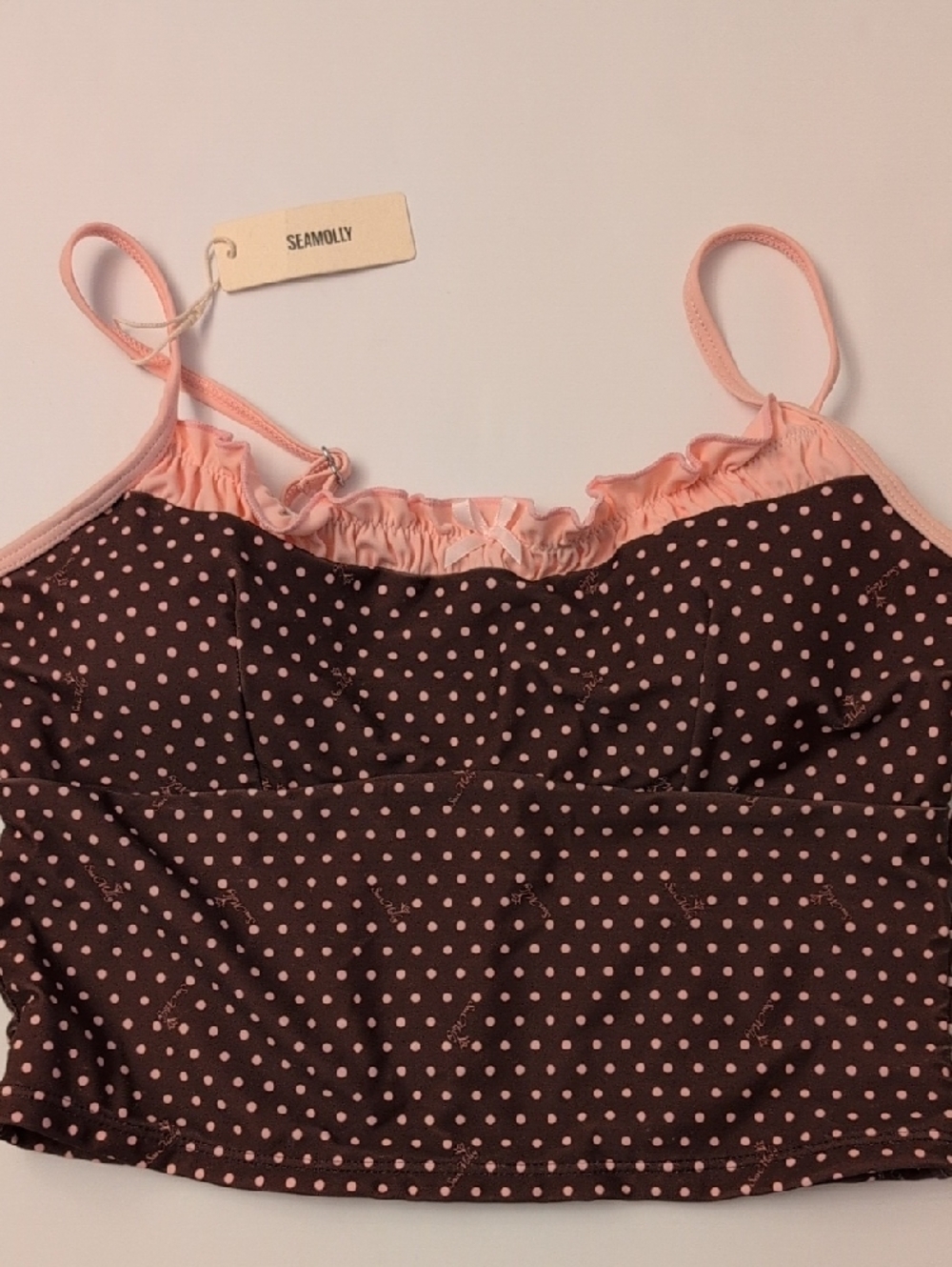 NWT Seamolly Polka Dot Ruched Ruffles Bowknot Skimpy Tankini Set Brown Pink - L - Picture 3 of 11